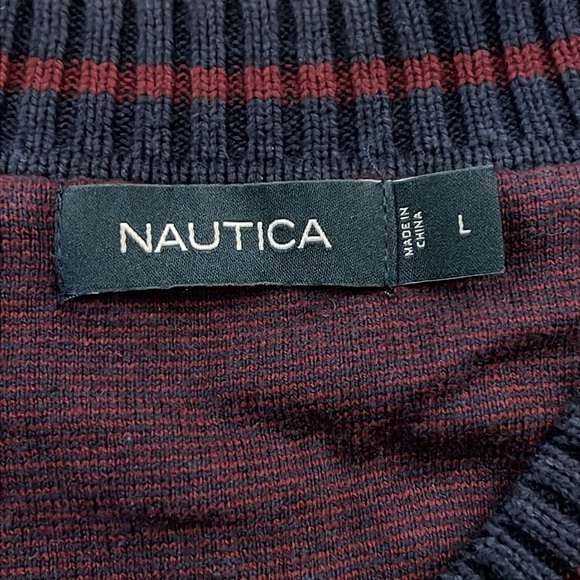 Nautica Navy Stripe V-Neck Pullover Sweater Thick 100% Cotton Long Sleeve Large - Picture 4 of 13